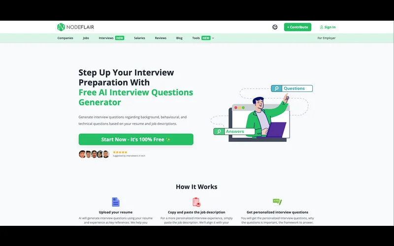 Screenshot of NodeFlair AI Interview Questions Generator